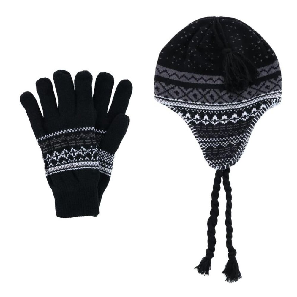 CTM Men's Heavy Knit Winter Pattern Helmet Hat and Glove Set